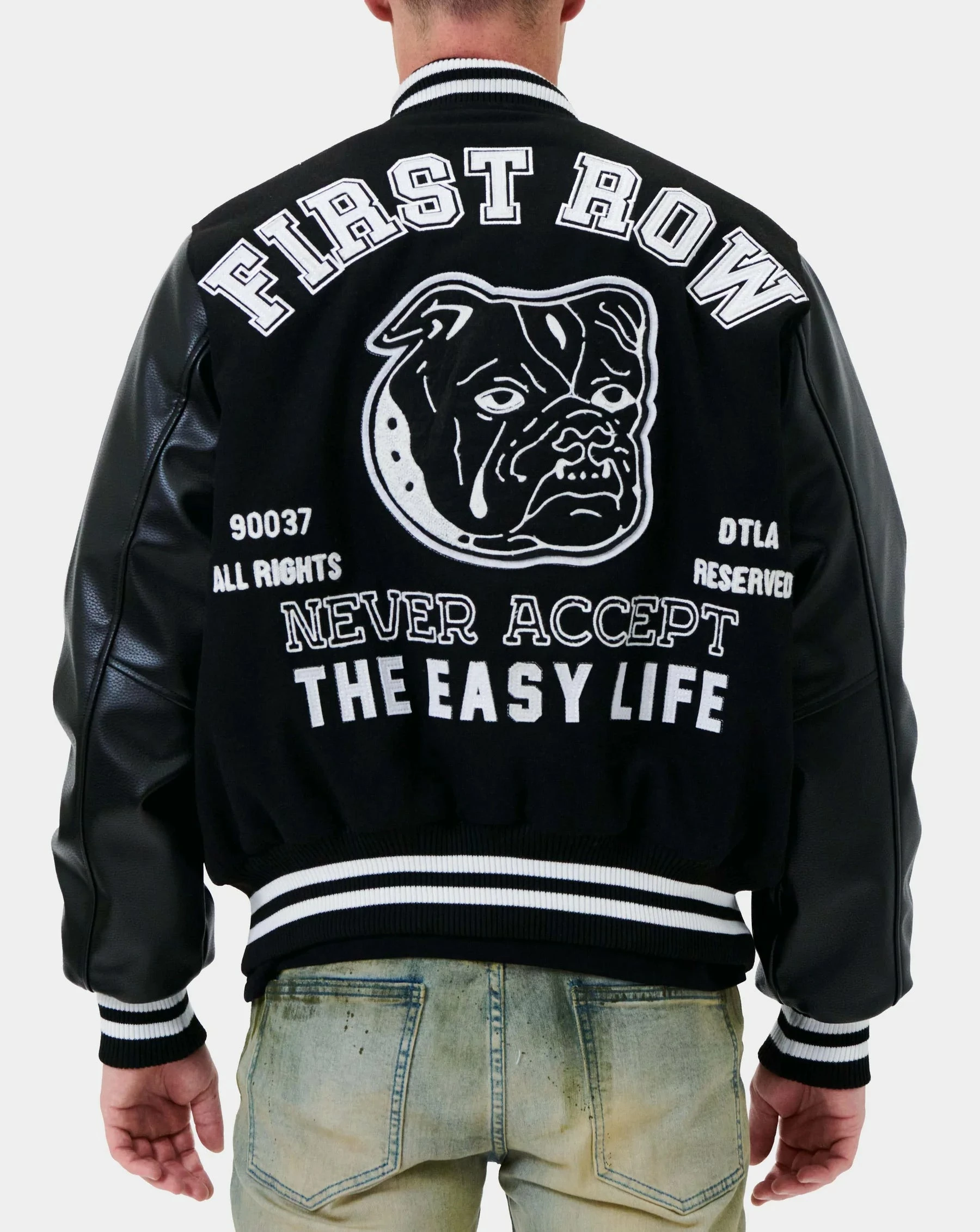 Men's First Row Never Accept The Easy Life Varsity Jacket Black BLACK 5 Men's First Row Never Accept The Easy Life Varsity Jacket Black BLACK - Image 3