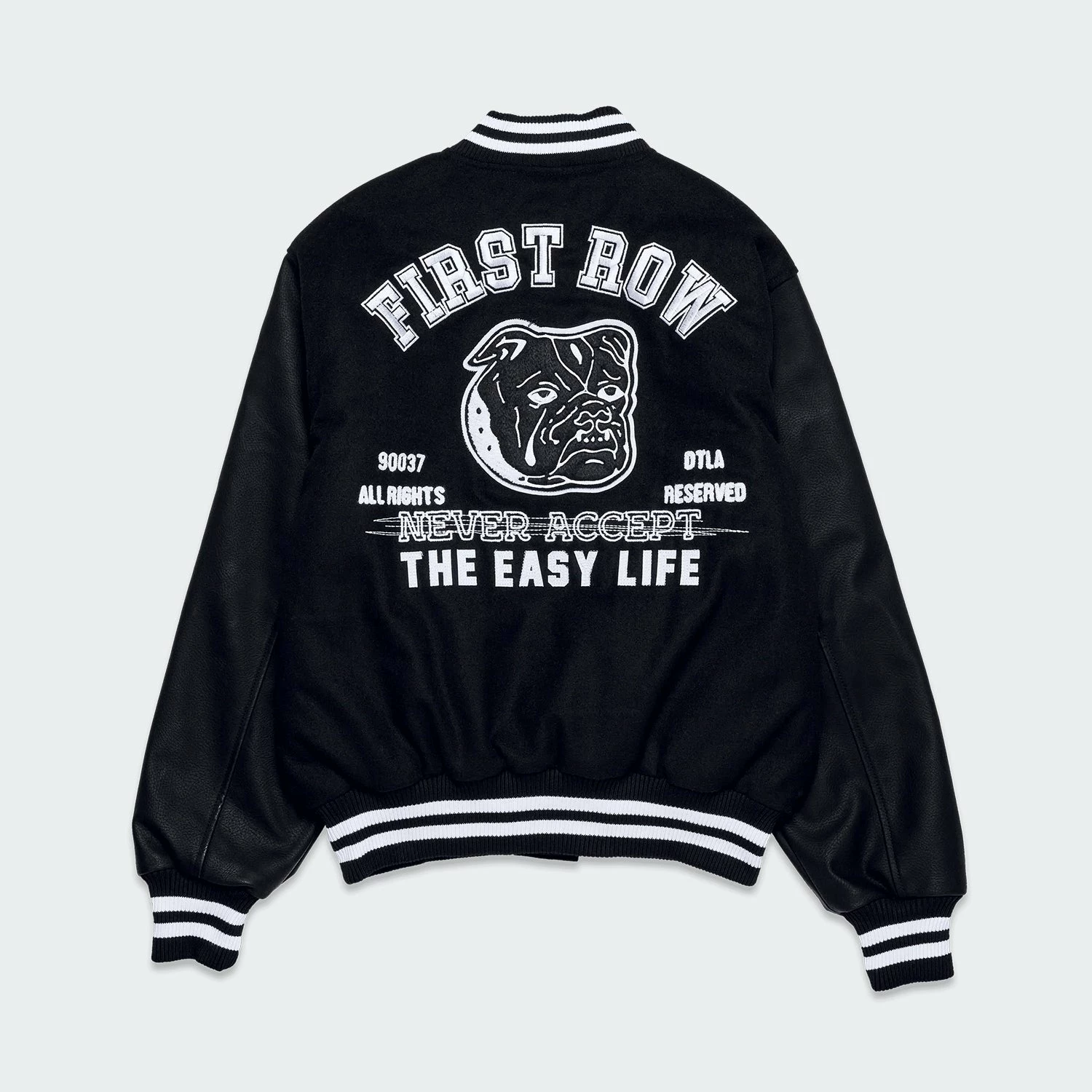 Men's First Row Never Accept The Easy Life Varsity Jacket Black BLACK 4 Men's First Row Never Accept The Easy Life Varsity Jacket Black BLACK - Image 2
