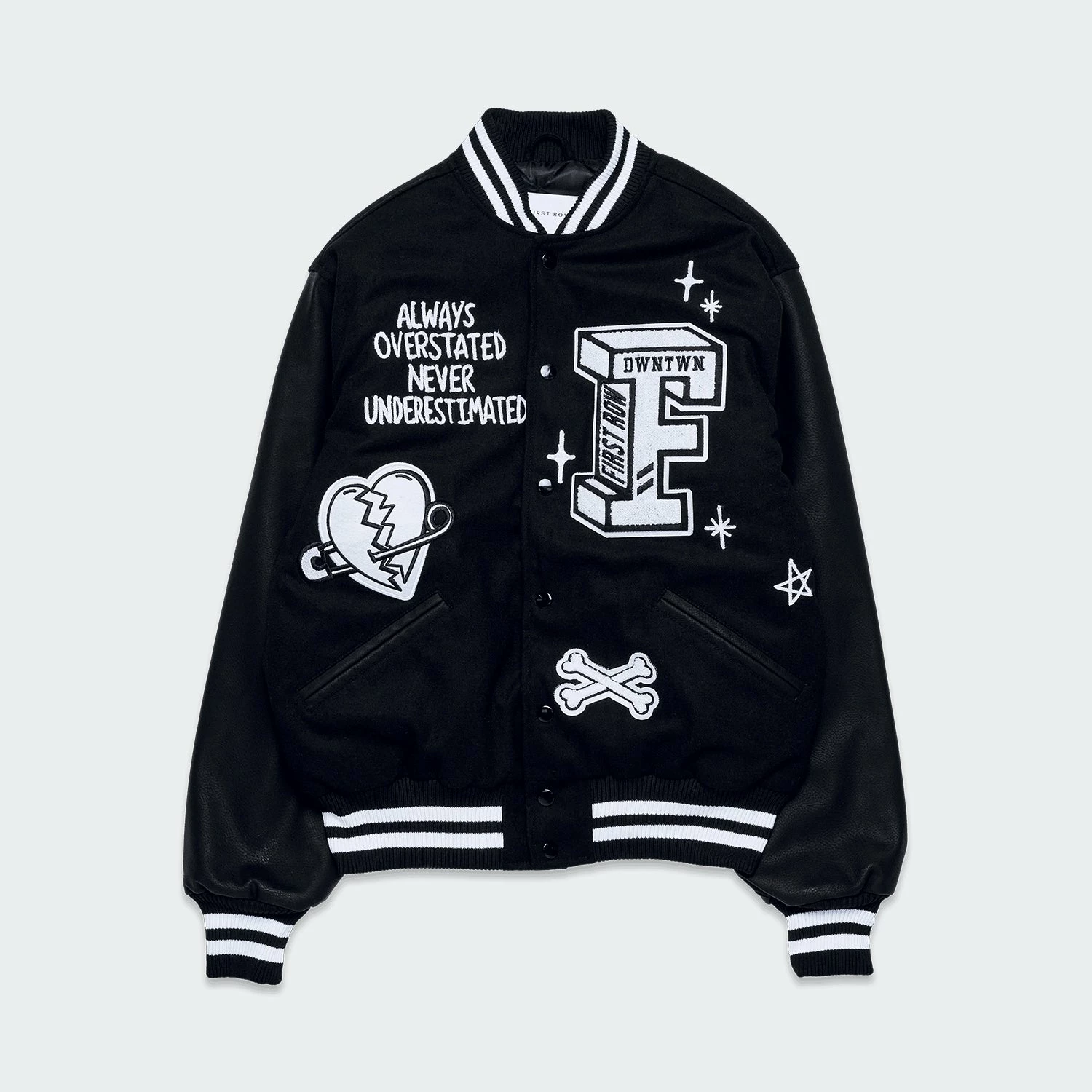 Men's First Row Never Accept The Easy Life Varsity Jacket Black BLACK 3 Men's First Row Never Accept The Easy Life Varsity Jacket Black BLACK