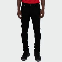 Men's TWO MILL TWENTY "Elston" Slim Skinny Scratched Stitch Repaired Urban Streetwear Designer Fashion Denim Jeans Black BLACK