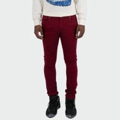 Men's TWO MILL TWENTY "LaSalle" Slim Skinny Ripped Torn Stitched Patched Urban Streetwear Designer Denim Jeans Burgundy BURGUNDY