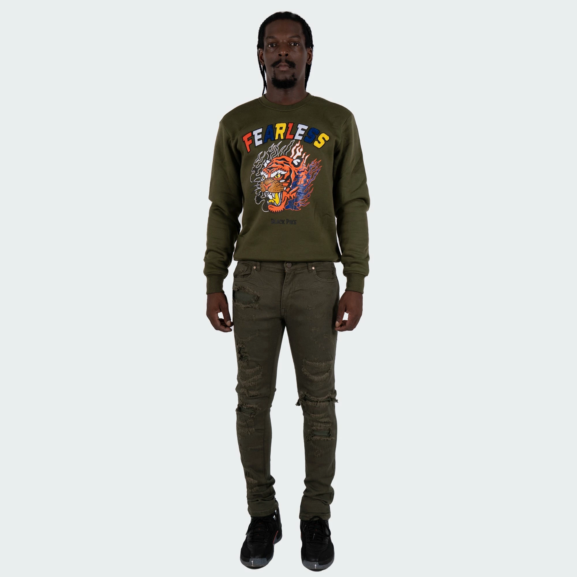 Men's TWO MILL TWENTY "Ogden" Slim Skinny Ripped Torn Stitched Patched Urban Streetwear Designer Denim Jeans Olive OLIVE GREEN 6 Men's TWO MILL TWENTY "Ogden" Slim Skinny Ripped Torn Stitched Patched Urban Streetwear Designer Denim Jeans Olive OLIVE GREEN - Image 4