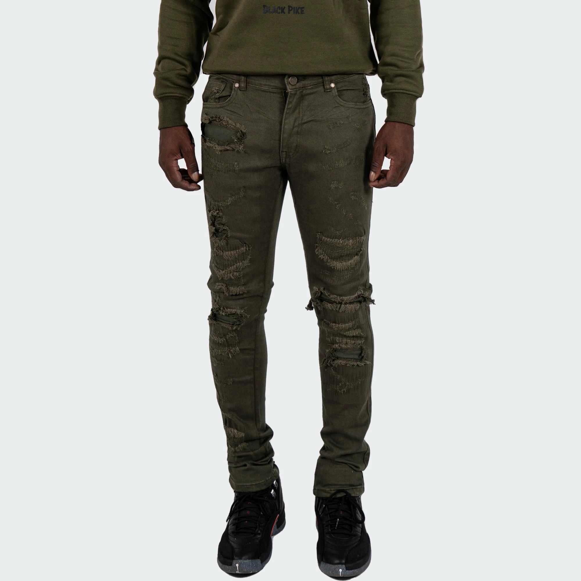 Men's TWO MILL TWENTY "Ogden" Slim Skinny Ripped Torn Stitched Patched Urban Streetwear Designer Denim Jeans Olive OLIVE GREEN 3 Men's TWO MILL TWENTY "Ogden" Slim Skinny Ripped Torn Stitched Patched Urban Streetwear Designer Denim Jeans Olive OLIVE GREEN