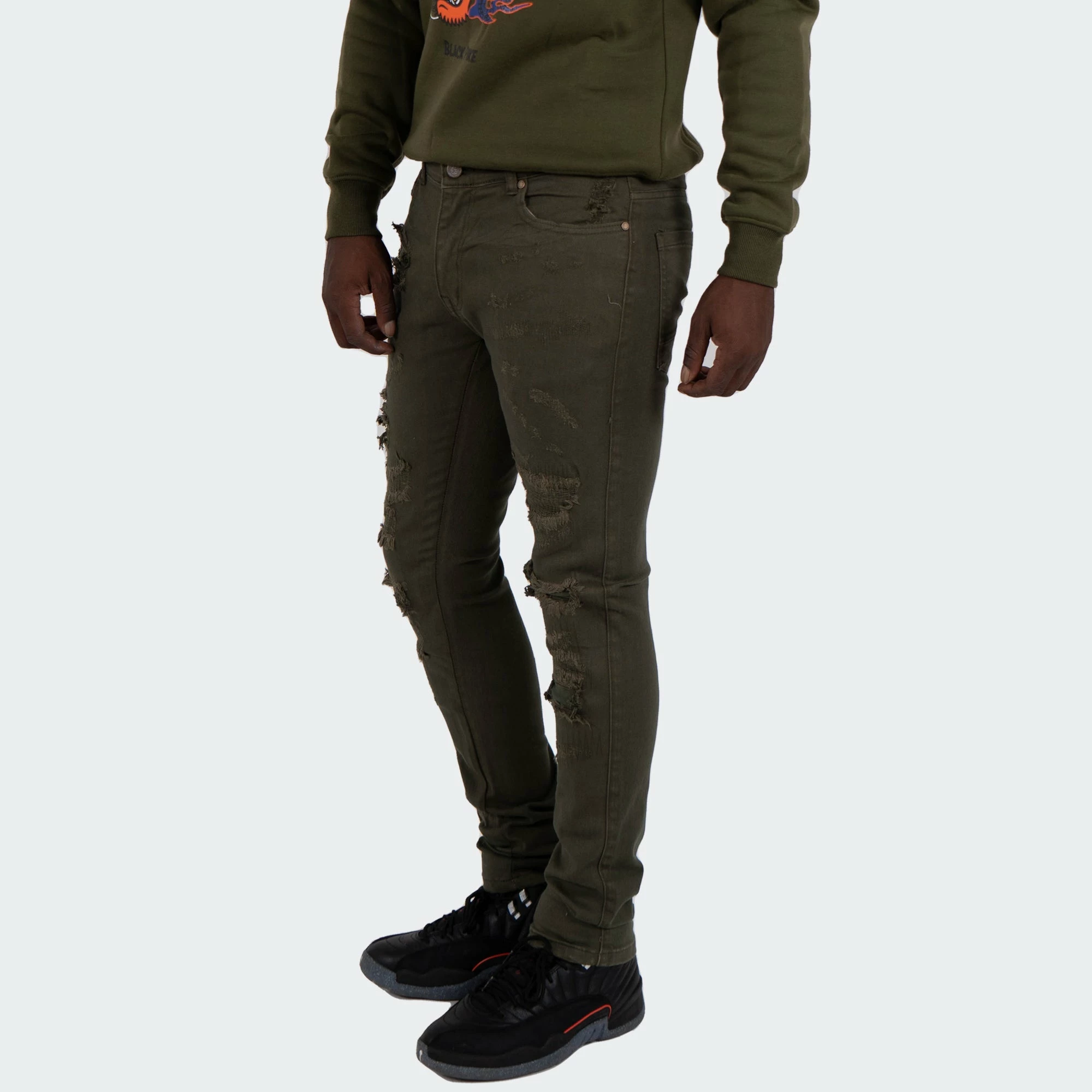 Men's TWO MILL TWENTY "Ogden" Slim Skinny Ripped Torn Stitched Patched Urban Streetwear Designer Denim Jeans Olive OLIVE GREEN 4 Men's TWO MILL TWENTY "Ogden" Slim Skinny Ripped Torn Stitched Patched Urban Streetwear Designer Denim Jeans Olive OLIVE GREEN - Image 2
