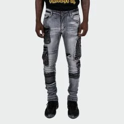 Men's TWO MILL TWENTY "Winchester" Slim Skinny Acid Wash Cargo Pocket Urban Streetwear Designer Denim Jeans Grey Acid GRAY