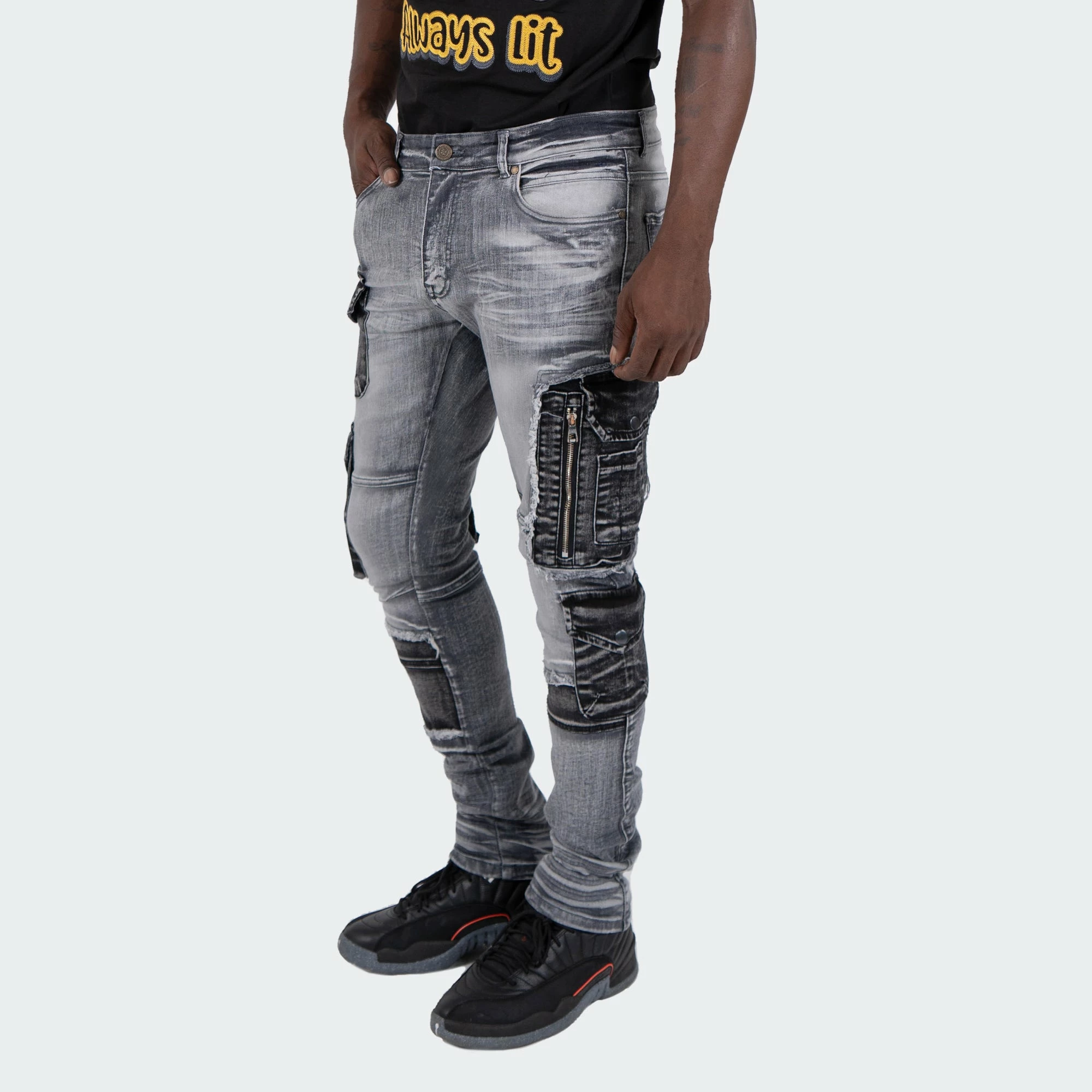Men's TWO MILL TWENTY "Winchester" Slim Skinny Acid Wash Cargo Pocket Urban Streetwear Designer Denim Jeans Grey Acid GRAY 4 Men's TWO MILL TWENTY "Winchester" Slim Skinny Acid Wash Cargo Pocket Urban Streetwear Designer Denim Jeans Grey Acid GRAY - Image 2