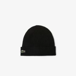 Unisex Lacoste Ribbed Wool Beanie Black BLACK