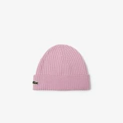 Unisex Lacoste Ribbed Wool Beanie Pink PINK