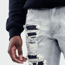 Men's TWO MILL TWENTY "Ballard" Two Tone Rip & Repair Skinny Fit Denim Moto Jeans Grey GRAY -men‘s shop online TMB42201GRY G d 02