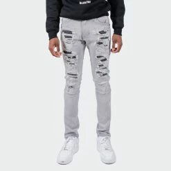 Men's TWO MILL TWENTY "Ballard" Two Tone Rip & Repair Skinny Fit Denim Moto Jeans Grey GRAY