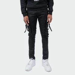 Men's TWO MILL TWENTY "Roscoe" Slim Fit Cargo Utility Pocket Urban Denim Jeans Black BLACK