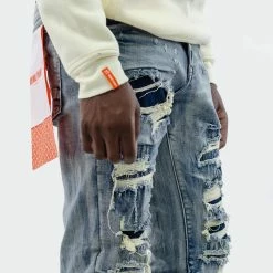 Men's TWO MILL TWENTY "Wrigley" Rip Torn Destroyed Skinny Denim Jeans Aspen Blue BLUE -men‘s shop online TMB42203ABL G d 02