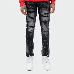 Men's TWO MILL TWENTY "Touhy" White Paint Splatter Rip & Repair Skinny Fit Urban Denim Jeans Dusty Black BLACK
