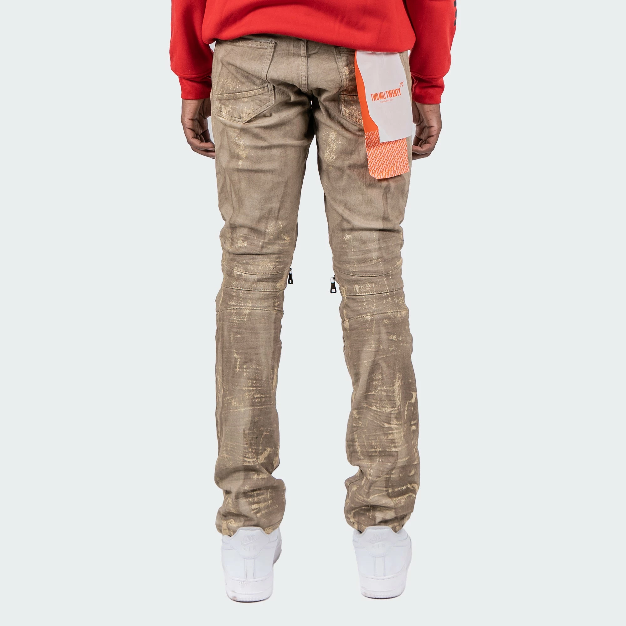 Men's TWO MILL TWENTY "Cicero" Distressed Paint Splatter Zip Knee Slim Fit Urban Moto Denim Jeans Hazelnut BROWN 5 Men's TWO MILL TWENTY "Cicero" Distressed Paint Splatter Zip Knee Slim Fit Urban Moto Denim Jeans Hazelnut BROWN - Image 3