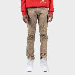 Men's TWO MILL TWENTY "Cicero" Distressed Paint Splatter Zip Knee Slim Fit Urban Moto Denim Jeans Hazelnut BROWN