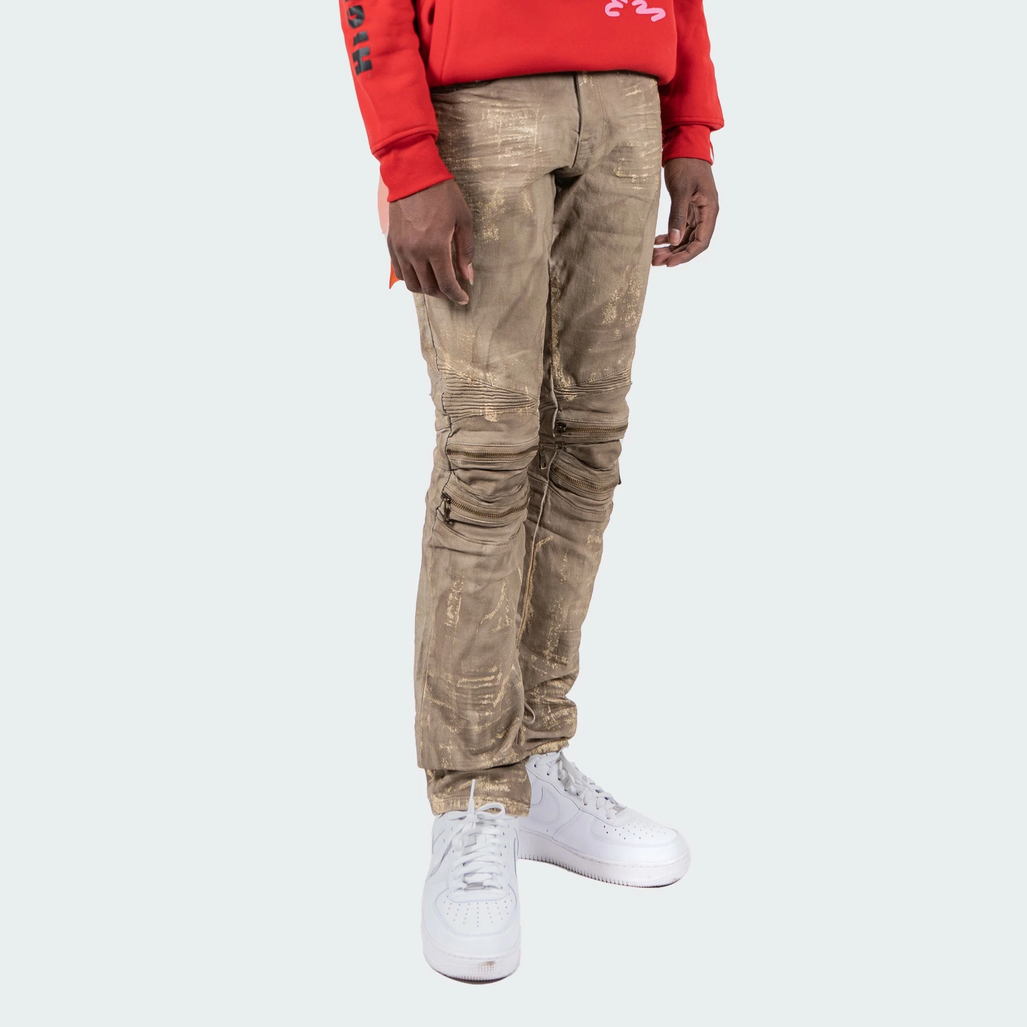 Men's TWO MILL TWENTY "Cicero" Distressed Paint Splatter Zip Knee Slim Fit Urban Moto Denim Jeans Hazelnut BROWN 4 Men's TWO MILL TWENTY "Cicero" Distressed Paint Splatter Zip Knee Slim Fit Urban Moto Denim Jeans Hazelnut BROWN - Image 2