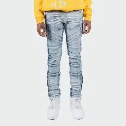 Men's TWO MILL TWENTY "Ravenswood" Ankle Zipper Multi Seam Skinny Moto Denim Jeans Acid Wash BLUE