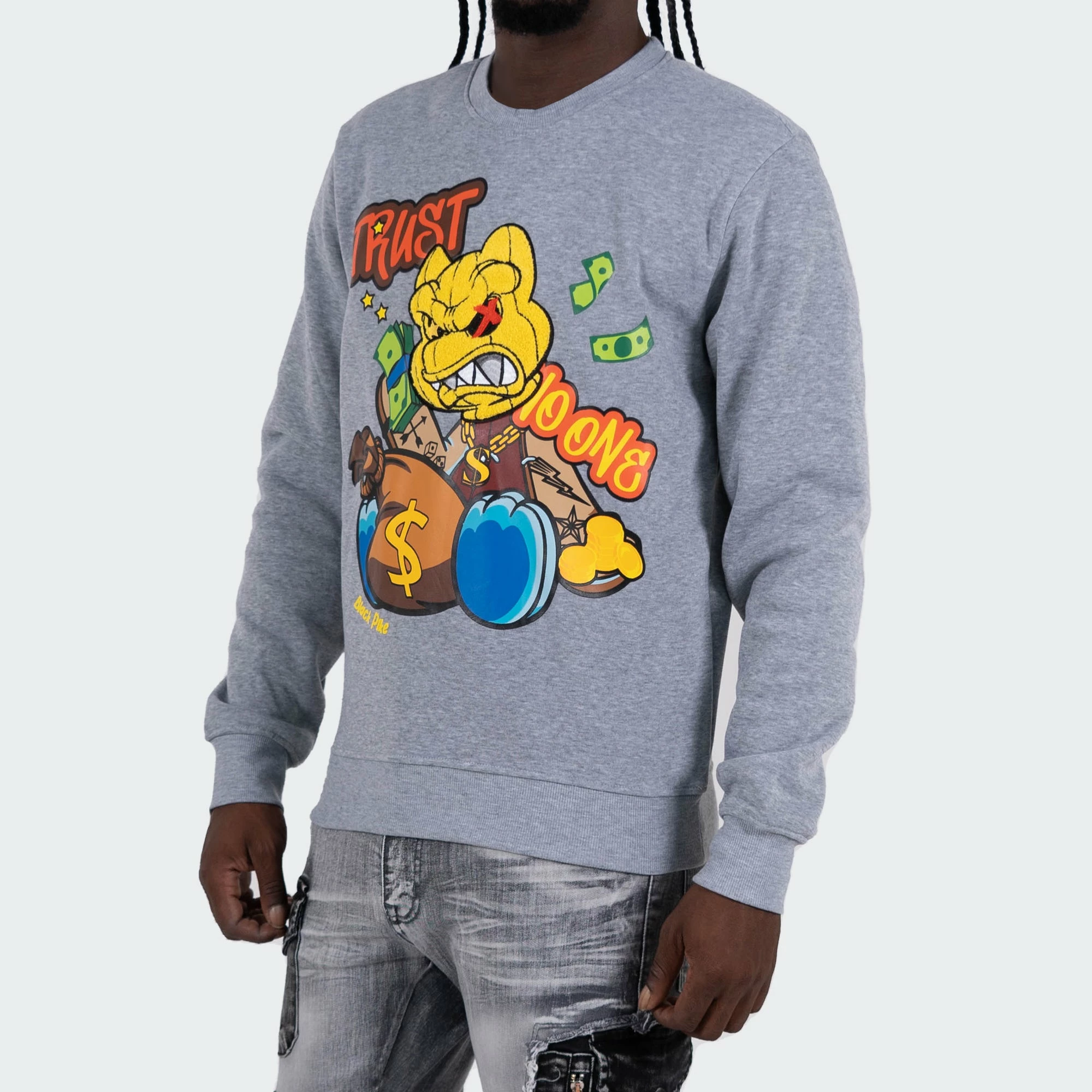 Men's TWO MILL TWENTY "Trust No One" Graphic Embroidered Sweatshirt Heather Grey GRAY 4 Men's TWO MILL TWENTY "Trust No One" Graphic Embroidered Sweatshirt Heather Grey GRAY - Image 2