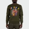 Men's TWO MILL TWENTY "Fearless" Tiger Graphic Multi Texture Sweatshirt Olive OLIVE GREEN -men‘s shop online TMF32204OLV G 01
