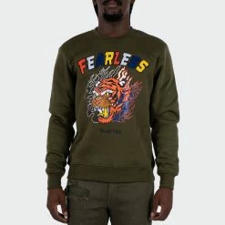 Men's TWO MILL TWENTY "Fearless" Tiger Graphic Multi Texture Sweatshirt Olive OLIVE GREEN