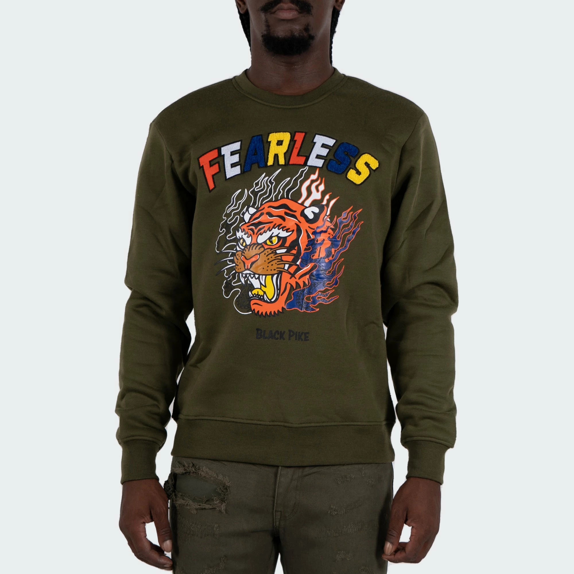 Men's TWO MILL TWENTY "Fearless" Tiger Graphic Multi Texture Sweatshirt Olive OLIVE GREEN 3 Men's TWO MILL TWENTY "Fearless" Tiger Graphic Multi Texture Sweatshirt Olive OLIVE GREEN