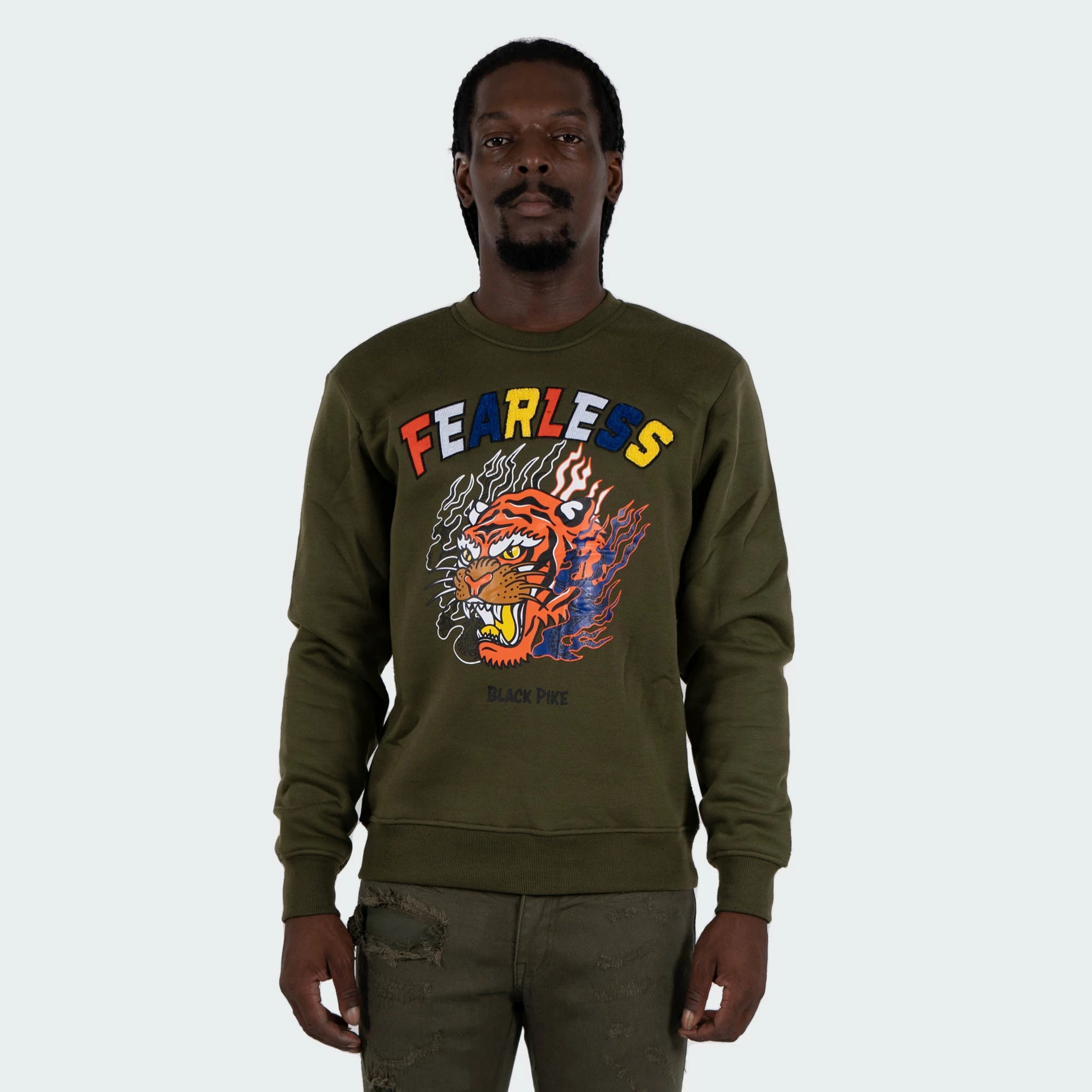 Men's TWO MILL TWENTY "Fearless" Tiger Graphic Multi Texture Sweatshirt Olive OLIVE GREEN 5 Men's TWO MILL TWENTY "Fearless" Tiger Graphic Multi Texture Sweatshirt Olive OLIVE GREEN - Image 3