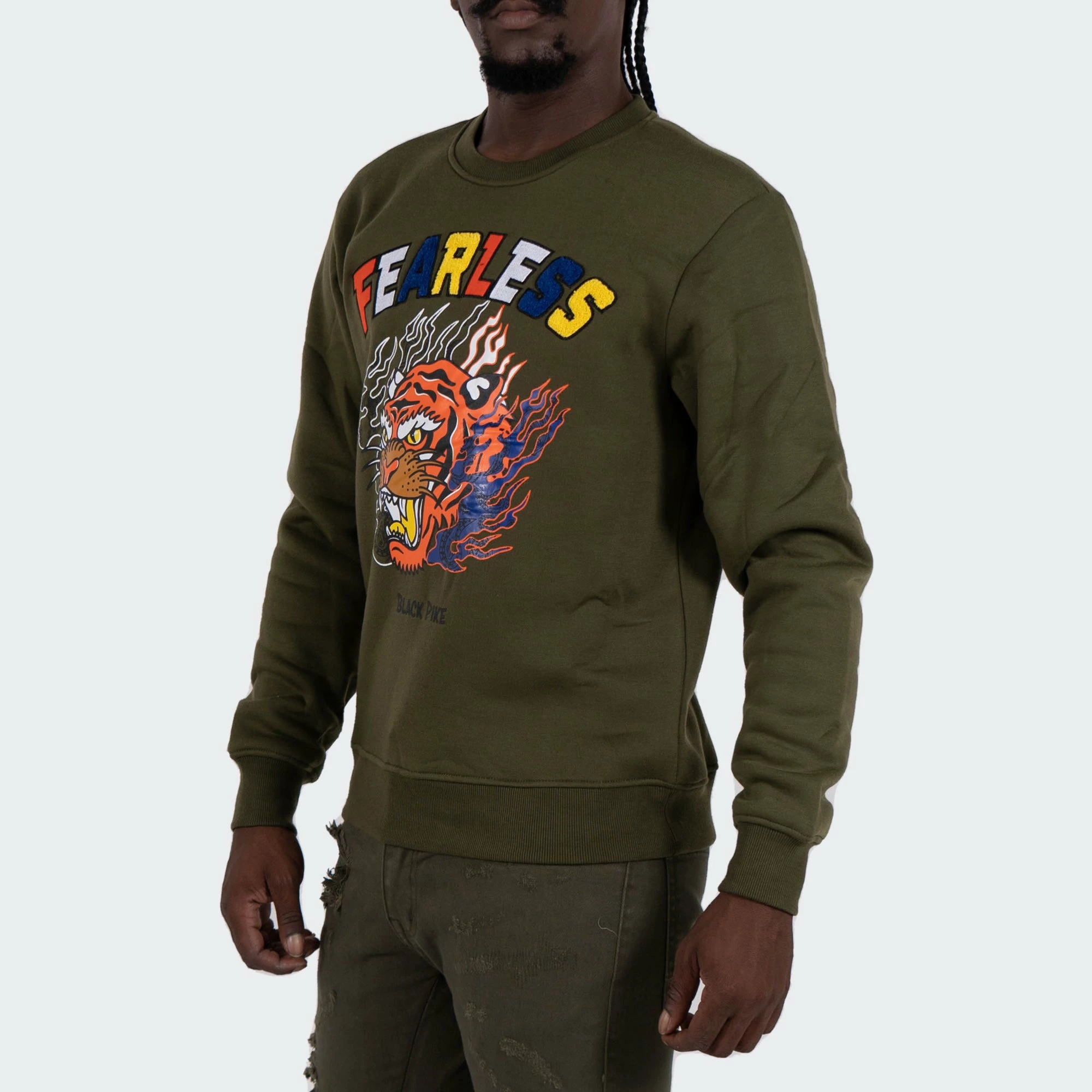 Men's TWO MILL TWENTY "Fearless" Tiger Graphic Multi Texture Sweatshirt Olive OLIVE GREEN 4 Men's TWO MILL TWENTY "Fearless" Tiger Graphic Multi Texture Sweatshirt Olive OLIVE GREEN - Image 2